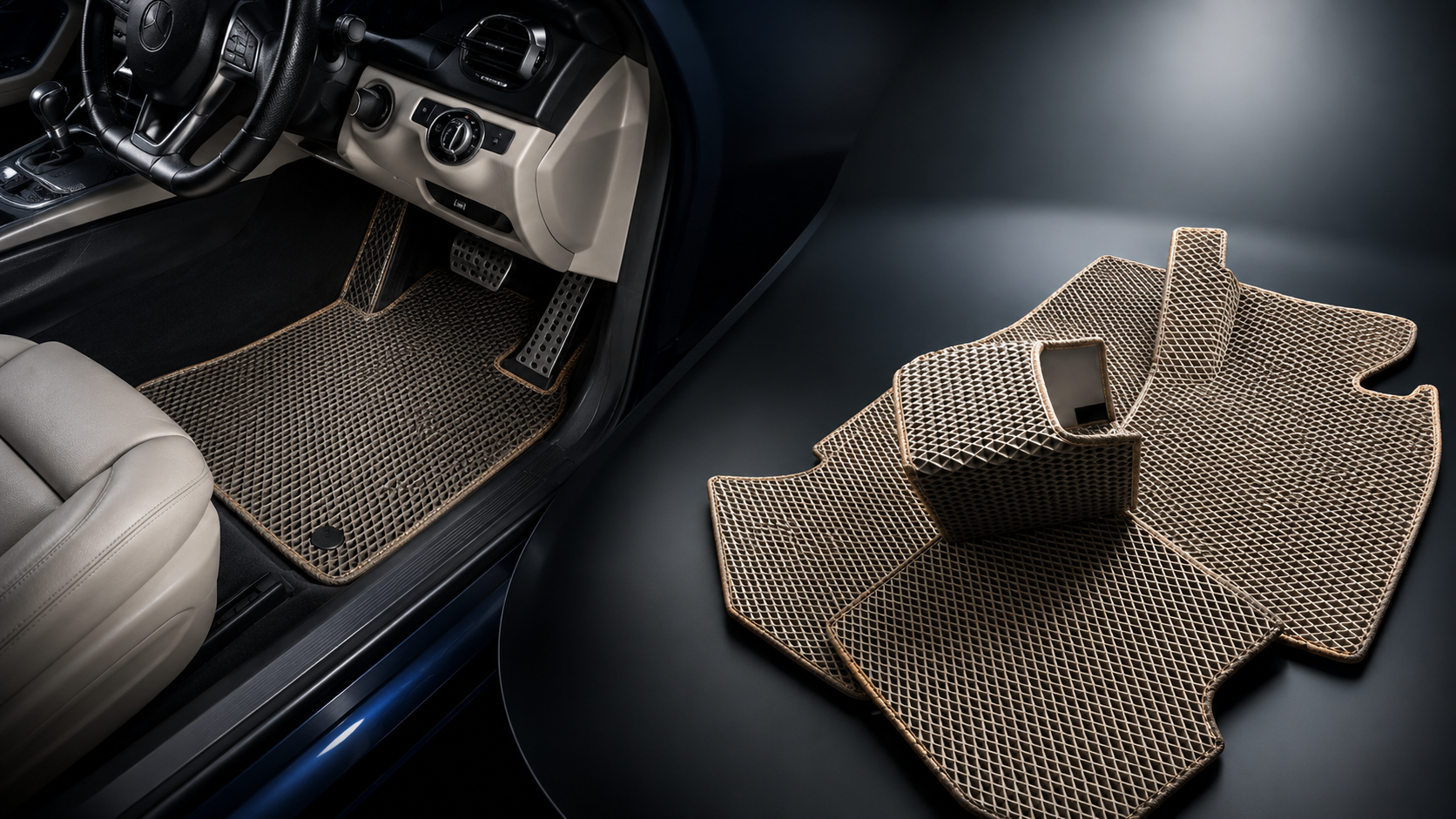 Custom EVA car mats fitted into a luxury vehicle interior